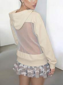 DOUCIU Solid Color Sweatshirt, Fashionable Sheer Sweatshirt, Casual Streetwear - Apricot - View 2