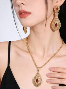 2pcs Women's Earrings & Necklace Jewelry Set, Vintage Palace Style, Rhinestone Inlaid, Middle Eastern Women's Festival Costume Accessories, Bridal Wedding Jewelry Set, Holiday Gift - Multicolor - View 2