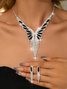 3pcs/4pcs/5pcs/Set Luxury Bridal Full Crystal Jewelry Set, Including Necklace And Earrings, Red,Silver, Green, Black (Multiple Choices) - Silver - View 7