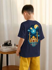 Camiseta de manga corta con cuello redondo y estampado casual para niños preadolescentes durante el Ramadán, top de verano - Azul Marino - Ver 2