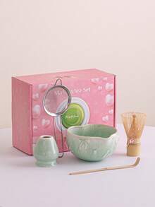 日本陶瓷抹茶搅拌器套装，蝴蝶结礼盒，心形，抹茶茶道用具，限量版粉色礼盒，女士适用，圣诞节、情人节、生日、感恩节礼物 - 彩色 - 查看 2