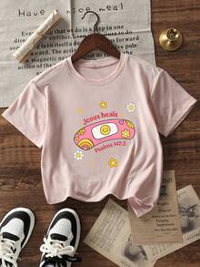 Tween Girls Casual Printed Round Neck Short Sleeve T-Shirt, Summer Top - Pink - View 3