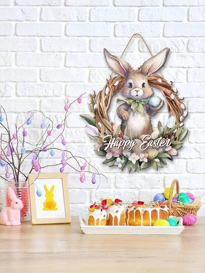 1个复活节兔子门挂，亚克力复活节装饰挂牌，复活节彩蛋牌匾，兔子图案墙饰，春季花卉装饰，适用于前门、门廊、庭院、墙壁和家居装饰，粉色复活节兔子彩蛋挂饰，农舍风格，预印“复活节快乐”字样，可安装在门上。复活节礼物。节日客厅装饰挂件。