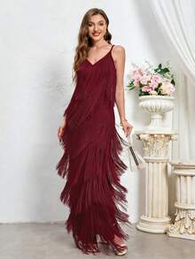 Women's Solid Color Elegant Spaghetti Strap Tassel Cocktail Party Dress Wedding Fall - Burgundy - View 1