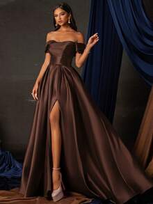 Đầm dạ hội dài trễ vai sang trọng dành cho nữ, tay áo cánh dơi xẻ đùi, chi tiết xếp ly và khóa kéo, chất liệu vải dệt xòe, thích hợp cho tiệc cưới mùa xuân. - màu nâu - Xem 6