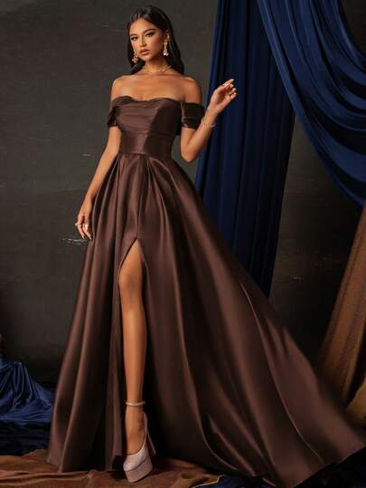 Vestido de noche formal largo de un solo hombro para mujer, vestido de fiesta de manga de murciélago con abertura, diseño con cremallera y pliegues, vestido de noche de tela tejida acampanada para boda