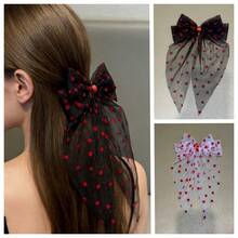 Valentine's Day Heart-Shaped Bow Ribbon Alligator Clip Mesh Hair Clip - Festive Party Headwear - 紅色 - 查看 2