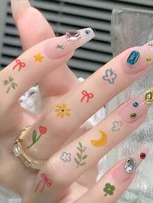 1片可重复使用的彩色迷你图案临时纹身贴纸，手指/手掌可爱装饰，防水防汗，持久耐用，适合女孩使用 - 彩色 - 查看 2