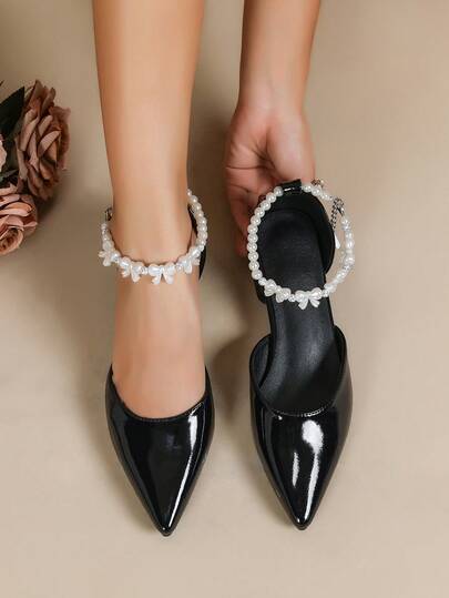 Women's New Pearl Chain Pointed Toe Backless Flat Shoes, Suitable For Bridesmaids, Daily Commute, And Banquet Occasions