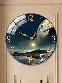 1个静音圆形木质挂钟 - 地球景观设计，电池供电，适用于客厅或厨房的装饰时钟，现代风格，挂钟装饰 - 彩色 - 查看 5