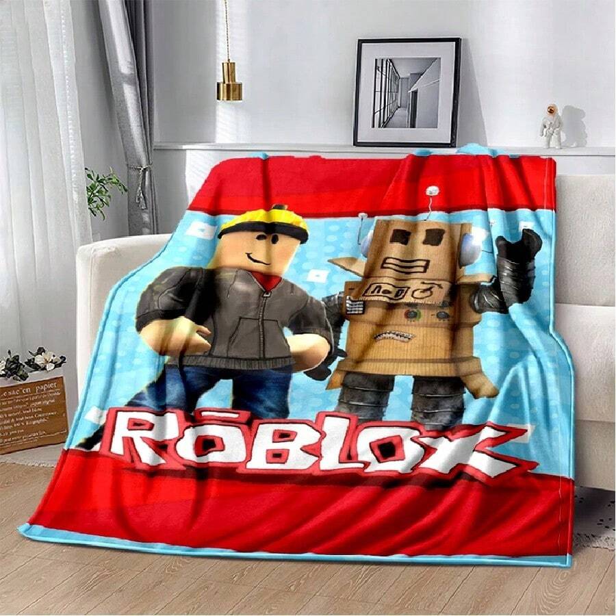 3D Cartoon R-Robloxs Game Flannel Blanket Soft Warm Throw Blanket For Bedroom Living Room Bed Travel Camping Picnic Gift.Jpg - 白色 - 查看 1