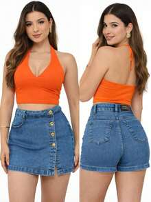 Saia Short Jeans Feminina – Modelo Transpassado com Botões, Cintura Alta - Lavagem Média - Visão 1