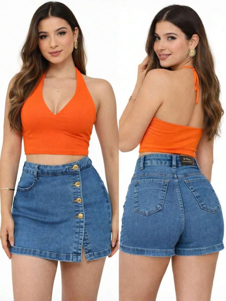 Saia Short Jeans Feminina – Modelo Transpassado com Botões, Cintura Alta - Lavagem Média - Visão 1