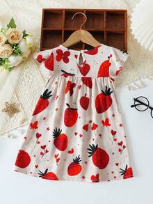 Baby GirlStrawberry Flower Pattern Flutter Sleeve Cute Princess Dress, Summer - Pink - View 2
