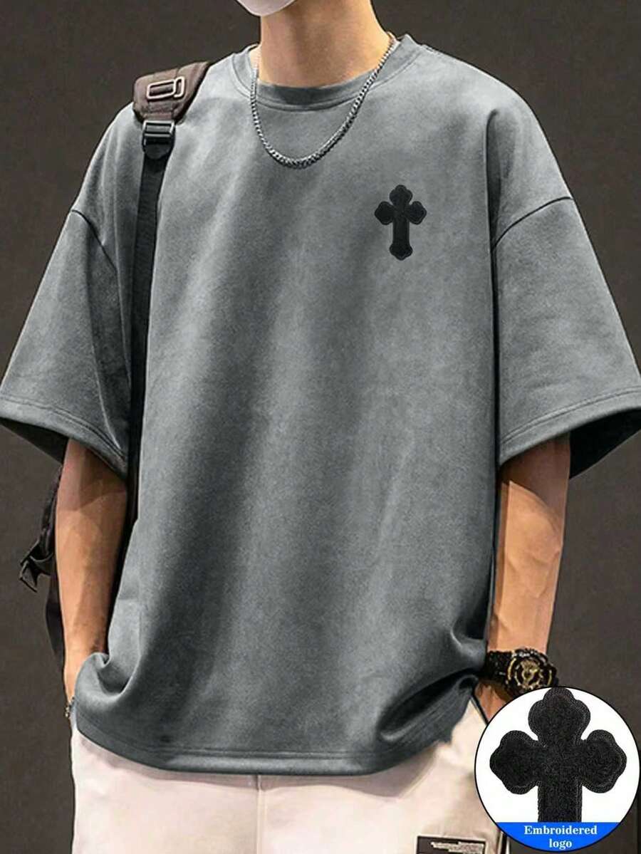 男士字母印花落肩宽松休闲短袖T恤 - 灰色 - 查看 1