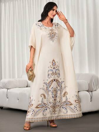 女士杏色印花连衣裙 – 休闲优雅，圆领，蝙蝠袖，宽松/系腰两穿法，无弹力，春夏款，日常穿着及新年装扮皆宜