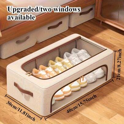 Foldable Shoe Storage Box With Dual Windows - Beige Fabric, Under-Bed Organizer For Sneakers & High Heels, Easy Viewing, Stackable Design, Shoe Storage Organizer, Under-Bed Storag, Under-Bed Storage