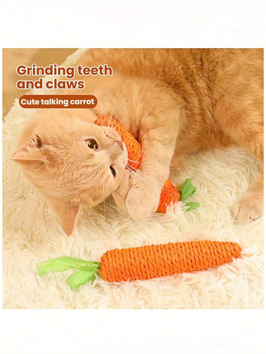 1 món đồ chơi gặm tự giải trí hình củ cà rốt cho mèo, que gặm chống cắn với dây giấy trang trí hình củ cà rốt. - trái cam - Xem 1