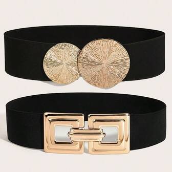 1pc Fashionable Solid Color Elastic Waist Geometric Pattern Metal Buckle Waist Belt
