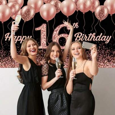 1pc 2D Rose Gold 16th Birthday Backdrop Banner, Polyester Fabric With Balloon & Sequin Design, Black & Pink Theme, Suitable For 16th Birthday Party Decor, Girls Party, Bestie Party, Anniversary, Birthday Celebration, Holiday Party Decor, Birthday Background, Cake Table Decor, Photography Backdrop, Home/Garden/Indoor/Outdoor Decor, Holiday Event Decor, Party Decoration/Gift