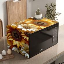 1pc Sunflower Print Microwave Dust Cover, 30cm*90cm, Decorative Dust Cover, Flat Printing, Linen Material, Non-Waterproof, With Side Pocket, Home Decor, Appliance Protection, Easy To Use And Clean