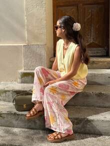 女士V领前开襟纽扣宽松休闲可爱针织背心，无袖，春夏上衣 - 黃色 - 查看 4