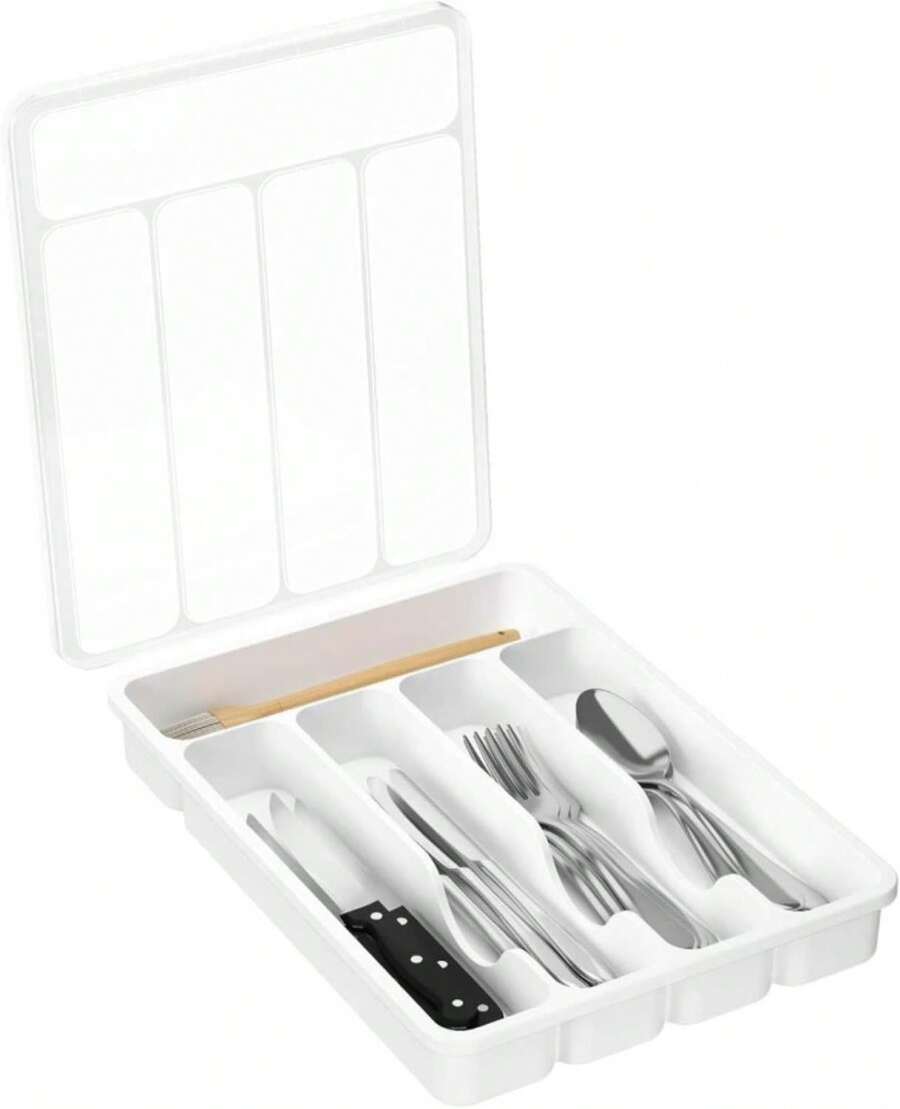 Organizador de cubiertos Lifewit con tapa, bandeja de utensilios cubierta para cajón de cocina y encimera, caja de almacenamiento de cubiertos y cubiertos de plástico para tenedores, cuchillos, 6 compartimentos, negro - ColorC - Ver 1