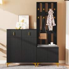 Wardrobe Set With Shoe Bench And Cushion, Wardrobe Front With Hooks, Shoe Cabinet With Drawers And Doors - 黑色 - 查看 8