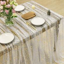 米金色薄纱桌布，60x118英寸长方形，金色亮片闪光金属箔，透明薄纱桌布，适用于婚礼、婴儿派对、庆典、生日（米金色、米金色、白色银色） - 彩色 - 查看 1