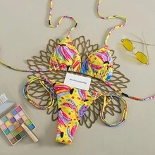 两件套亮黄色、粉色、蓝色、橙色多色抽象涂鸦印花比基尼套装，柔软弹力速干面料，修身剪裁，适合海滩、热带旅行、泳池派对、邮轮、情人节假期等场合。 - 黃色 - 查看 8