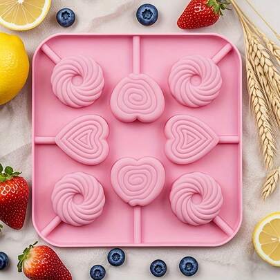 8孔心形和圆形棒棒糖模具 - 适用于DIY烘焙、巧克力、肥皂、蜡、树脂 - 不粘硅胶模具，带棒棒糖棍凹槽，可用于制作糖果、巧克力、浴球等