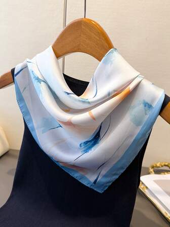 1 Pieza Pañuelo fino de seda de imitación con estampado de flores degradadas estilo coreano para mujer, adecuado para playa, calle, uso diario, vacaciones y decoración.