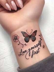 1张可水洗彩色蝴蝶临时纹身贴纸，可贴于手腕/锁骨，蝴蝶图案，印有“先爱自己”字样，适合时尚人士日常佩戴。