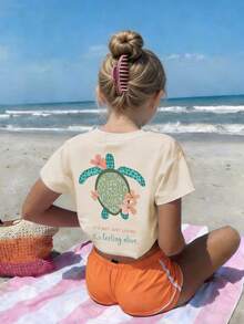 Tween Girls Casual Printed Round Neck Short Sleeve T-Shirt, Summer Top - Apricot - View 9