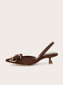 Sandalias de tacón de gatito con punta puntiaguda y decoración de lazo de rhinestone para mujer, elegantes y de moda para fiestas y vestidos formales, de tacón bajo - Marrón - Ver 5