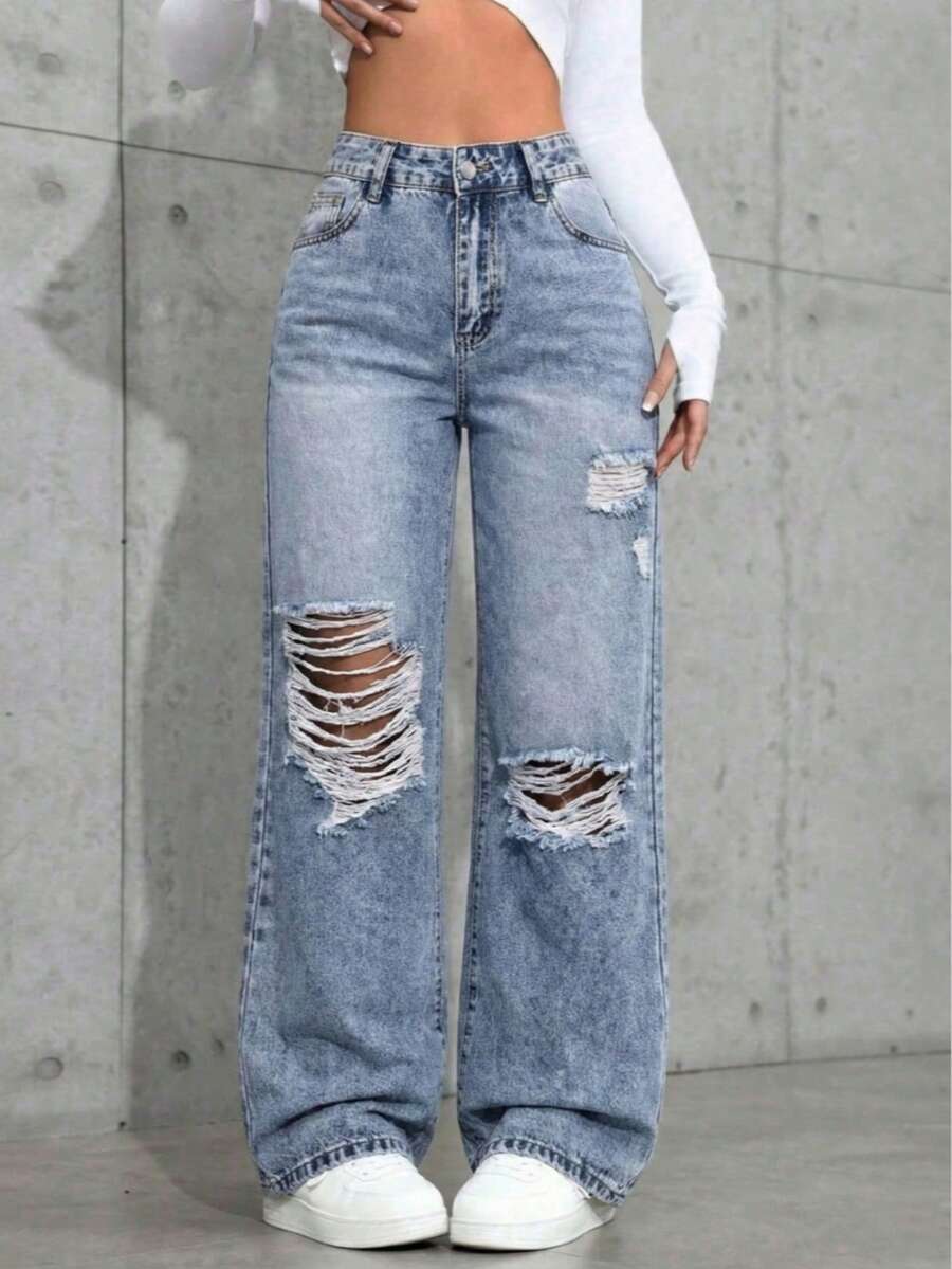 Jeans de mezclilla lavados desgastados de unicolor con bolsillos en ángulo para mujer