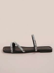 Giày sandal quai ngang đính pha lê thời trang nữ, thích hợp cho hẹn hò, mua sắm, tụ họp, tiệc tùng, đi làm và công sở. - màu đen - Xem 2
