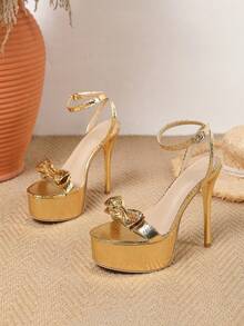Women's Gold Snake Skin Pattern High Heel Platform Ankle Strap Bow Decor Peep Toe Sandals, Elegant & Chic For Party, Banquet, Versatile And Lengthening - Gold - View 4