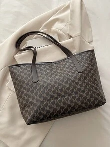 大容量字母印花手提包，绗缝单肩包，女士通勤包 - 咖啡 - 查看 8