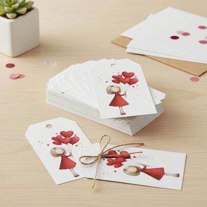 48个情人节礼物标签，配麻绳 | 可爱的卡通女孩与气球，完美适用于情人节、周年纪念日、婚礼和各种爱情庆祝活动