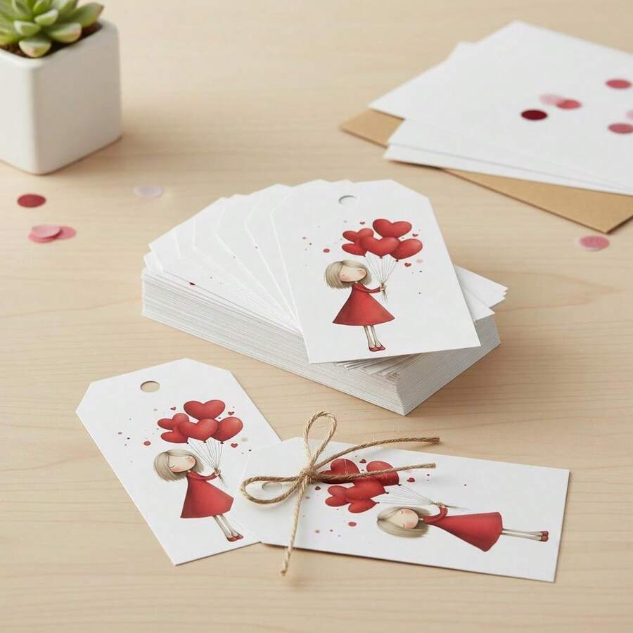 48pcs Valentine's Day Gift Tags With Jute Twine | Cute Cartoon Girl With Balloons, Perfect For Valentine's Day, Anniversary, Wedding And Various Love Celebration Events - Multicolor - View 1