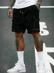 1 件男士拼色印花休闲短裤，户外健身跑步运动训练健身房宽松短裤，百搭日常通勤时尚街头嘻哈夏季沙滩度假短裤 - 黑色 - 查看 2