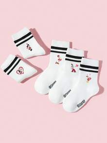 Disney 1/5双装迪士尼女孩/儿童设计运动双横条纹中筒袜，个性化卡通爱心米妮米奇/黛丝唐老鸭图案装饰，多功能透气吸湿中筒袜，简约休闲精致柔软亲肤学院风蕾丝袜，适合日常穿着、校园活动、派对、休闲活动，多种组合可选 - 彩色 - 查看 3