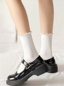 5pcs/Set Women's Frilled Hem Mid-Calf Socks, Comfortable Simple Fashion Versatile Suitable For Everyday Wear - White - View 6