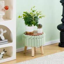 Wimarsbon Storage OttomanSoft Faux Fur Footstool With Padded Seat Small Reading Vanity Chair Footrest With Wood Tray For Couch Mini Coffee Table Or Display Stand Cream Round Storage - Cream+Round - View 2