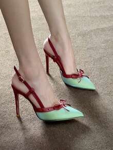Fall/Winter French Elegant Bowknot High Heel Shoes For Women, Pointed Toe Thin Heel Sexy Fairy Style Buckle Satin Closed Toe Sandals Valentines, Elegant, Party,Stiletto Heels - Green - View 9