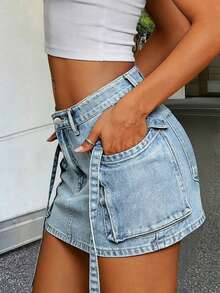 Fashionable Straight Fit Mini Skirt, Casual Street Style Multi-Pocket Design, Women's Washed Light Blue Denim Skirt - Light Wash - View 4