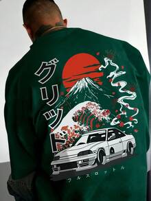 Zrgoth Men's Casual Versatile Minimalist Volcano Japanese Landscape Artwork Print Short Sleeve T-Shirt - Dark Green - View 2