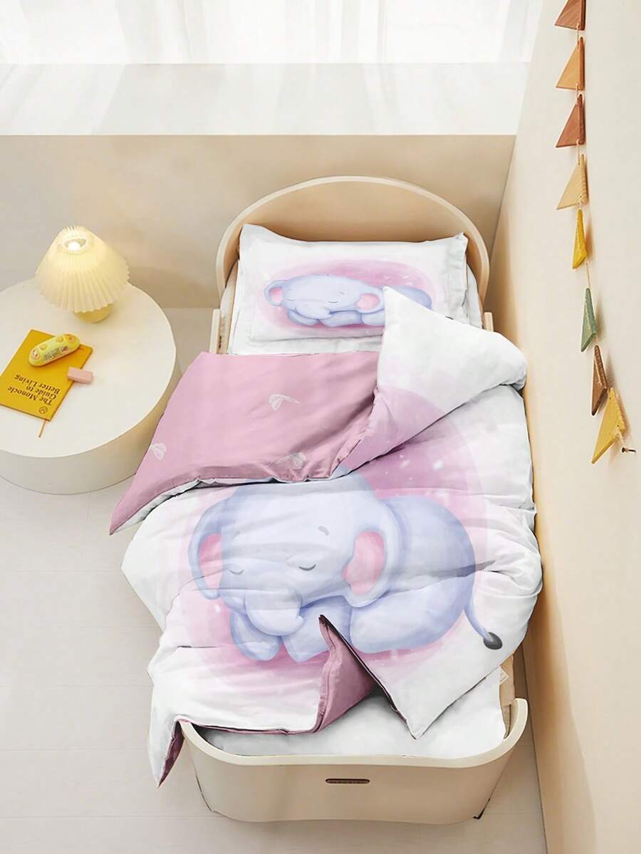 1/2PCS Soft Pink Cartoon Animal Bedding Set (Duvet Cover + Pillowcase)Cute Sleeping Elephant Kids Bed Decor For Kids/Teens (Toddler/Twin Size)For Group Bulk Order Modern, Colorful, Cute And Casual, Ideal Gift For Him/Her - Multicolor - View 1