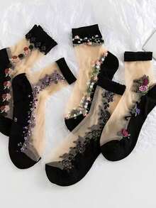 1/5双装女士薄款印花中筒袜，柔软透气，耐穿防滑，适合日常穿着 - 彩色 - 查看 7